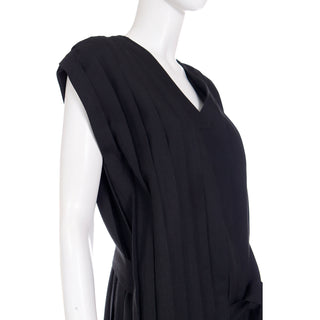 Fall Winter 1985 Comme des Garcons Pleated Sleeveless Black Wool Dress with V Neck