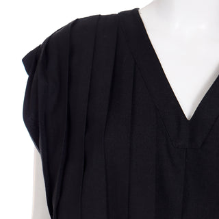 Fall Winter 1985 Comme des Garcons Pleated Black Wool Dress with V neck and cap sleeves
