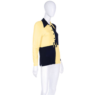 1990s Fendi by Karl Lagerfeld colorblock yellow and black long sleeve logo polo shirt