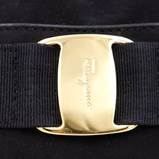 Vintage 1990s Salvatore Ferragamo Black Suede Shoulder Bag W Logo Buckle