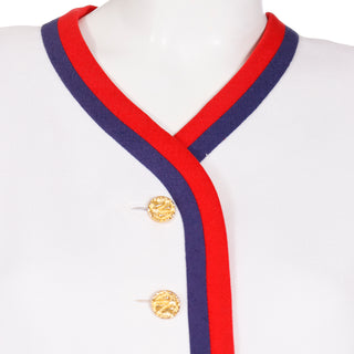 1960s Harvey Berin Karen Stark Vintage White Dress w Red & Blue Trim & Gold Buttons