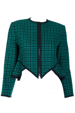 1980s Geoffrey Beene Green Plaid Cropped Zip Front Jacket
