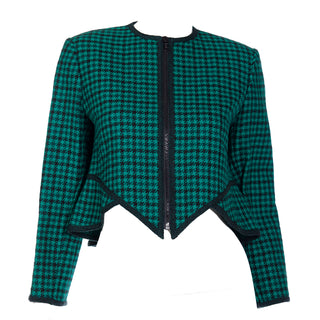 Vintage Geoffrey Beene Green Plaid Cropped Zip Front Jacket 1980s