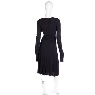 F/W 2002 Gianni Versace Black Plunge V Neck Black Dress w Button Slit & extra long sleeves