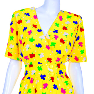 1980s Givenchy Couture Vintage Yellow Silk Floral Dress Wrap Style