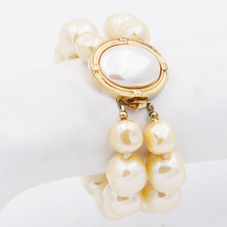 1980s Givenchy Gold Plate & Baroque Faux Pearl Double Strand 80s Bracelet