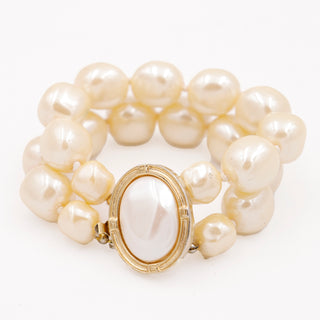 1980s Givenchy G Gold Plate & Baroque Faux Pearl Double Strand Bracelet