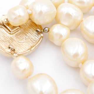1980s Givenchy Gold Plate & Baroque Faux Pearl Double Strand Designer Bracelet Signed 