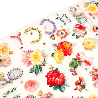Gucci Colorful Silk Floral Scarf With Butterflies Bees and Insects Gucci written in flowers