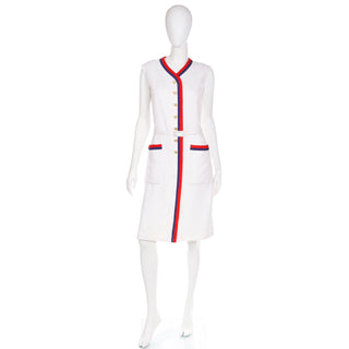 1960s Harvey Berin Karen Stark Vintage White Dress w Red & Blue Trim & Belt