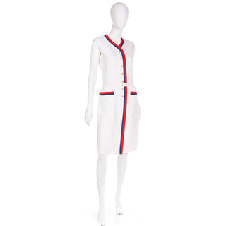 1960s Harvey Berin Karen Stark Vintage White Dress w Red & Blue Trim and pockets