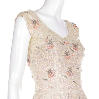 1950s Karen Stark for Harvey Berin Beaded Lace Dress w Pink glass beads