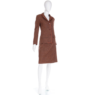 1970s Hermes Vintage Brown Tweed Jacket & Skirt Suit w Leather Trim & H Buttons