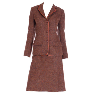 1970s Hermes Paris Vintage Brown Tweed Jacket & Skirt Suit w Leather Trim