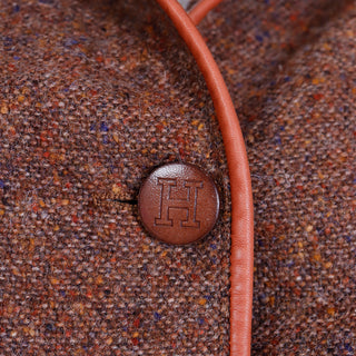 1970s Hermes Vintage Brown Tweed Jacket & Skirt Suit w Leather Trim and H Branded Logo buttons
