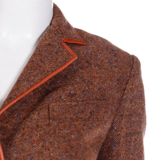 1970s Hermes Vintage Brown Tweed Jacket & Skirt Suit w Leather Trim and Pockets