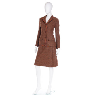 1970s Hermes Vintage Brown Tweed Jacket & Skirt Suit w Leather Trim Sz ML