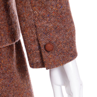 1970s Hermes Vintage Brown Tweed Jacket & Skirt Suit w Branded H Buttons & Leather Trim