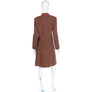 1970s Hermes Vintage Brown Tweed Jacket & Skirt Suit w Leather Trim Size M/L