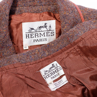 1970s Hermes Vintage Brown Tweed Jacket & Skirt Suit w Leather Trim Fr 42