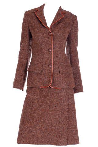 1970s Hermes Vintage Brown Tweed Jacket & Skirt Suit w Leather Trim