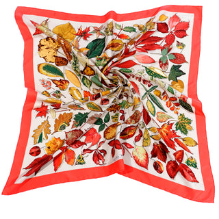 1990s Vintage Hermès Tourbillons Swirling Fall Leaves Silk Scarf w Red Border