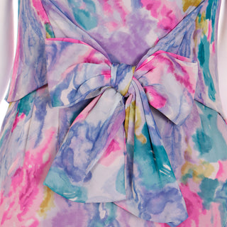 Pink and Blue Vintage 1960s I Magnin Silk Chiffon Watercolor Print Maxi Dress w/ Bow