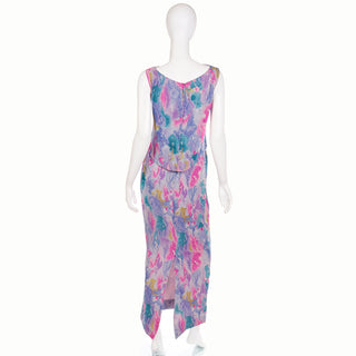 1960s I Magnin Silk Chiffon Watercolor Print Sleeveless Maxi Dress w/ Bow 
