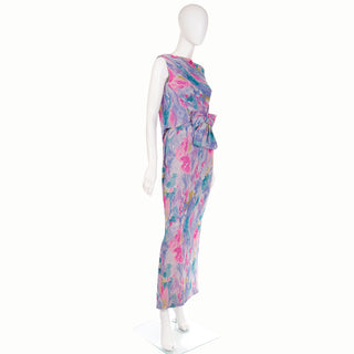 Pink & Blue 1960s I Magnin Silk Chiffon Watercolor Print Maxi Dress w/ Bow