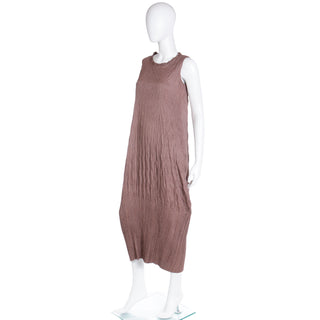 1990s Issey Miyake Brown Crinkle Pleated Sleeveless Dress Made in Japan