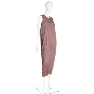 1990s Issey Miyake Brown Crinkle Pleated Sleeveless Vintage Dress