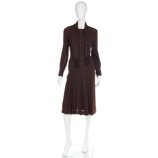 Vintage 1970s Jean Louis I Magnin Brown Pleated Vintage Dress