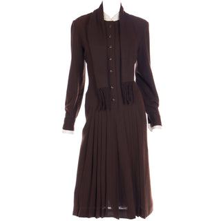 1970s Jean Louis I Magnin Brown Pleated Vintage Dress Button Front