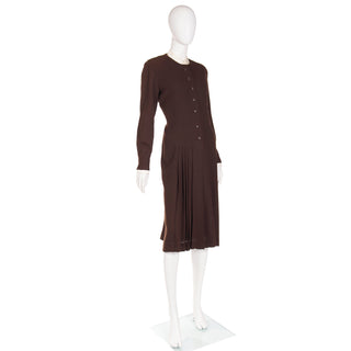 1970s Jean Louis I Magnin Brown Pleated Vintage Dress with Scarf