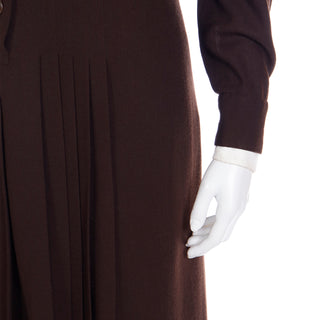 1970s Jean Louis I Magnin Brown Pleated Vintage Dress w Cuffs