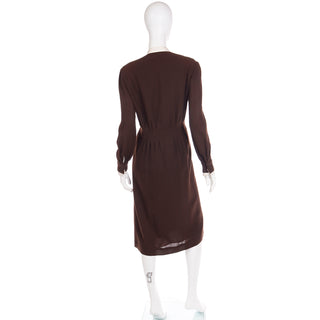 1970s Jean Louis I Magnin Brown Pleated Vintage Dress with Fringed Scarf