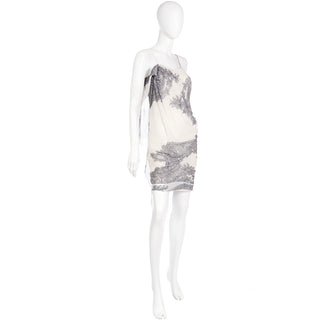 2007 John Galliano Silk White Gathered Dress with Lace Print