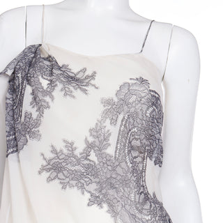 2007 John Galliano Silk White Dress with Lace Print and Spaghetti Straps