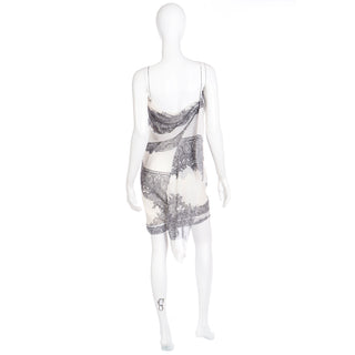 2007 John Galliano Silk White Dress with Lace Print and Asymmetrical Draped Fabric