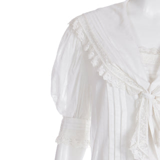 1980s Laura Ashley White Sailor Style Blouse w Lace Trim & Puffed Sleeves