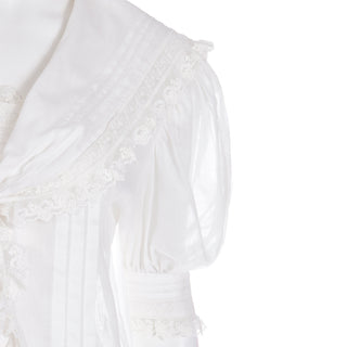 1980s Laura Ashley White Sailor Style Blouse w Lace Trim & Above Elbow Puffed Sleeves