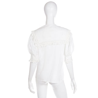 1980s Laura Ashley White Sailor Style Blouse w Lace Trim & Puff Sleeves Size M/L