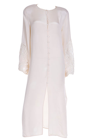 1990s Laura Biagiotti Ivory Caftan Style Tunic Dress W Embroidery and Pearls