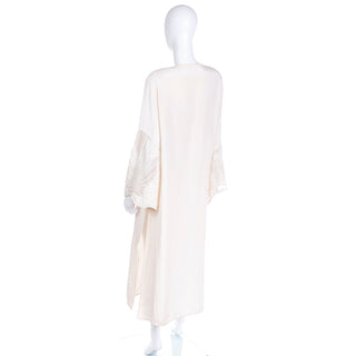 1990s Laura Biagiotti Ivory Caftan Style Tunic Dress W Embroidery and Pearls Medium
