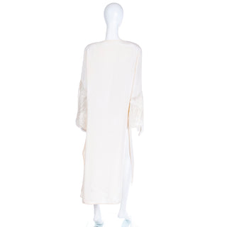 1990s Laura Biagiotti Ivory Caftan Style Tunic Dress W Embroidery and Pearls Sz M