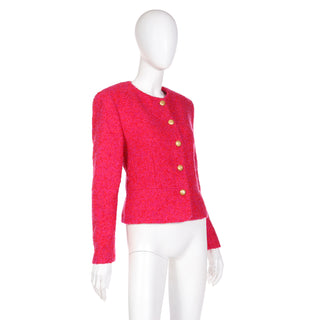 1980s Louis Feraud Pink & Red Boucle Wool Mohair Cropped Jacket
