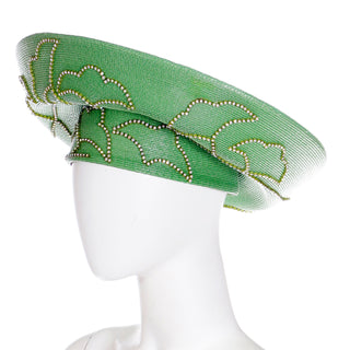 1990s Vintage Makins Green Straw Wide Brim Church Hat with Rhinestones
