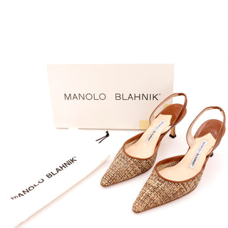 2000s Manolo Blahnik Woven Leather Carolyne Slingback Shoes with Box & Bag