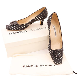 Vintage Manolo Blahnik B&W Polka Dot Low Heel Shoes with buckles