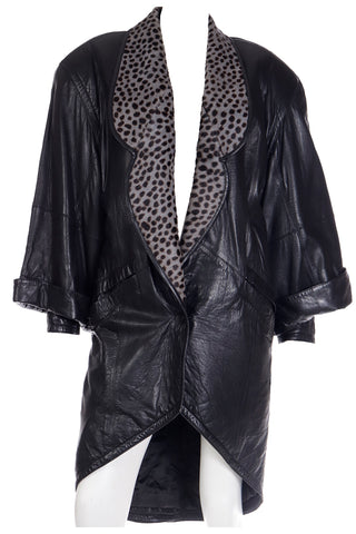 1980s Marc Buchanan Pelle Pelle Black Leather Coat W Leopard Dyed Pony Fur Oversized Lapels 